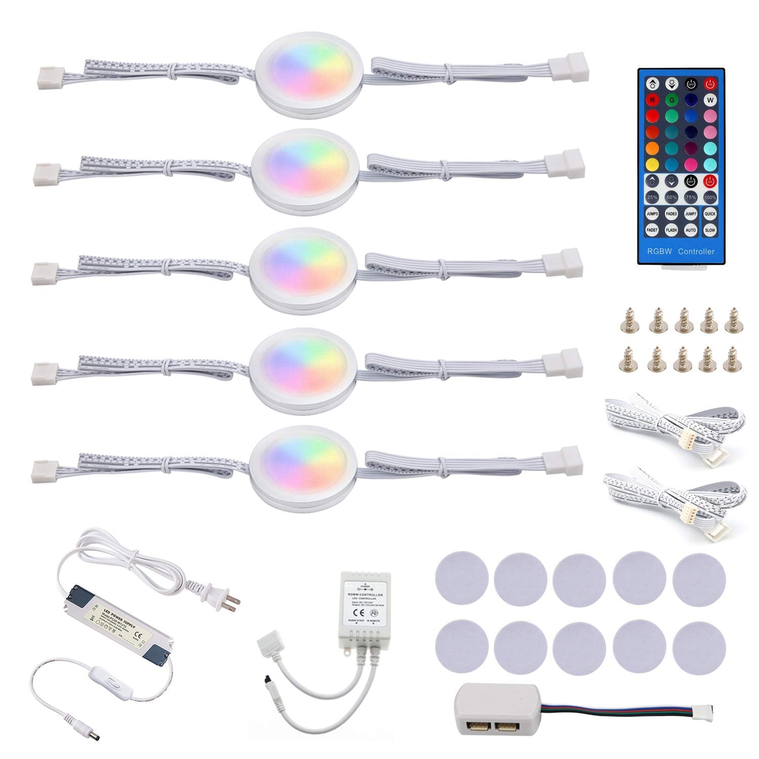 Kit d'éclairage à rondelles rondes à intensité variable et à changement de couleur, armoires de cuisine 24 V, affichage, vitrine, kit d'éclairage LED RGBW sous armoire avec télécommande IR 40 touches (5 paquets, RGBW)