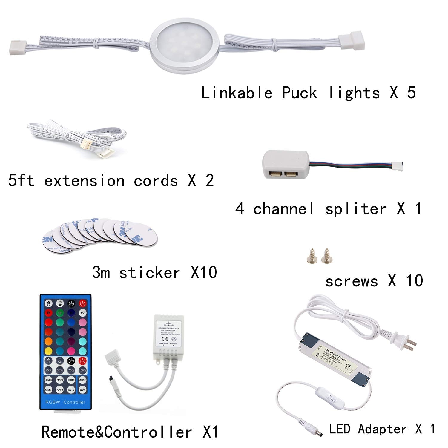 Kit d'éclairage à rondelles rondes à intensité variable et à changement de couleur, armoires de cuisine 24 V, affichage, vitrine, kit d'éclairage LED RGBW sous armoire avec télécommande IR 40 touches (5 paquets, RGBW)