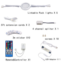 Kit d'éclairage à rondelles rondes à intensité variable et à changement de couleur, armoires de cuisine 24 V, affichage, vitrine, kit d'éclairage LED RGBW sous armoire avec télécommande IR 40 touches (5 paquets, RGBW)