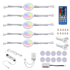 Kit d'éclairage à rondelles rondes à intensité variable et à changement de couleur, armoires de cuisine 24 V, affichage, vitrine, kit d'éclairage LED RGBW sous armoire avec télécommande IR 40 touches (5 paquets, RGBW)