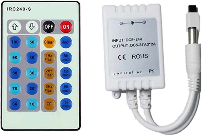 IRC240-S 24-Tasten-IR-Fernbedienung für LED-Dimmer-Controller für 5050 3528 5630 einfarbige flexible LED-Streifen-Lichterketten-Dimmer, 12 V 6 A, DC5.52.1-mm-Anschluss 