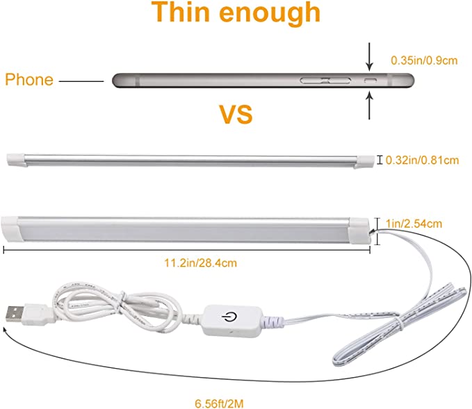 AIBOO LED-Unterschrankbeleuchtung, dimmbar, 11,2 Zoll, 5 V, USB-betriebene Schranklichtleiste mit Berührungssensor, ETL-Stecker, Unterbauleuchten mit 3 Farbtemperaturen für Küchenschrank, Regal, Bücherregal (2er-Pack)