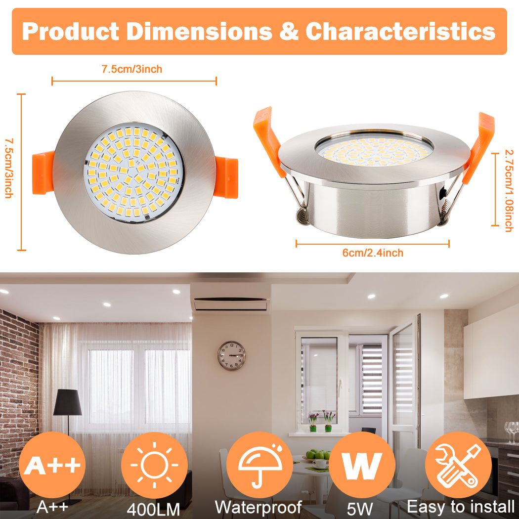 AIBOO Led Downlights Ceiling, 5W 400Lm Ultra Slim Ip44 Nickel Brushing Recessed Bathroom Lights Ceiling for Living Room, Bathroom, Hallway（Warm White，6Packs）