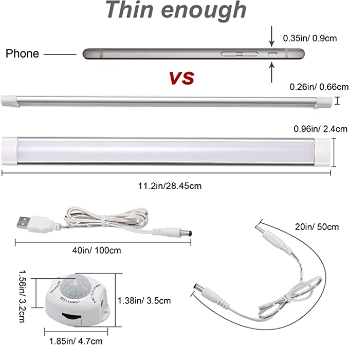 AIBOO LED-Beleuchtungsleiste unter dem Schrank, durch Bewegungsmelder aktivierte Lichtleiste für Küche, Kleiderschrank, Nachttisch, 11,2-Zoll-Nachtlicht mit automatischer Abschaltung, Timer, USB-Anschluss (2er-Pack, Naturweiß)