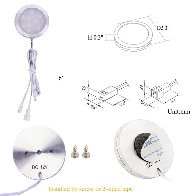 AIBOO Verknüpfbare LED-Unterschrankleuchten, direkt verdrahtet, 12 V, schmale, dimmbare Puck-Leuchten aus Aluminium mit RF-Fernbedienung für Akzentbeleuchtung, 4 Lichter, kein Wandstecker