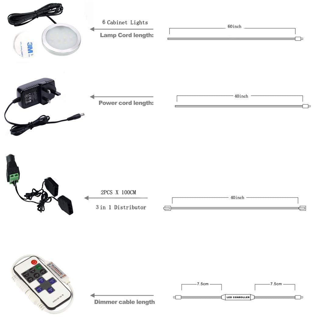 AIBOO Wireless 12V LED Under Cabinet Lighting Dimmable with RF Remote Controller 8 Lights