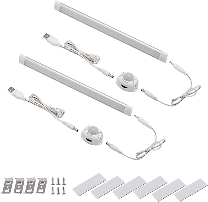 AIBOO Barre d'éclairage LED sous armoire, détecteur de mouvement, barre lumineuse pour cuisine, armoire, chevet, veilleuse de 11,2 pouces avec minuterie d'arrêt automatique, port USB (lot de 2, blanc naturel)