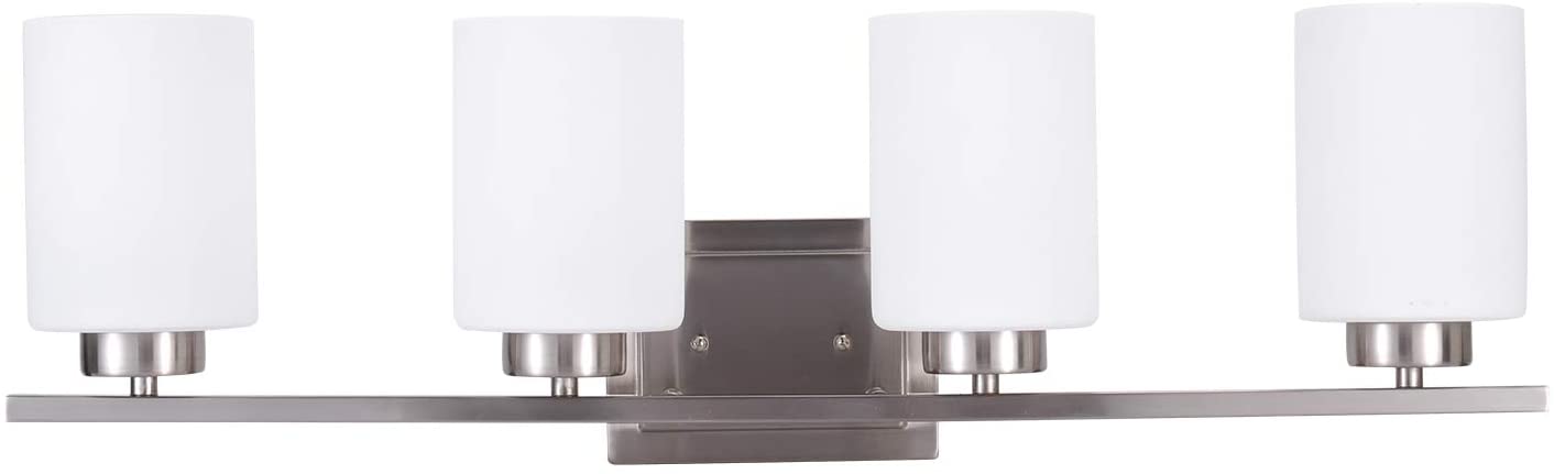 Bathroom Lighting Fixture Over Mirror, 4-Bulb Bath Vanity Lights, E26 Interior Wall Lamp, Bathroom Lights with Brushed Nickel Finish and White Frosted Glass Shade (4 Bulbs not Included)