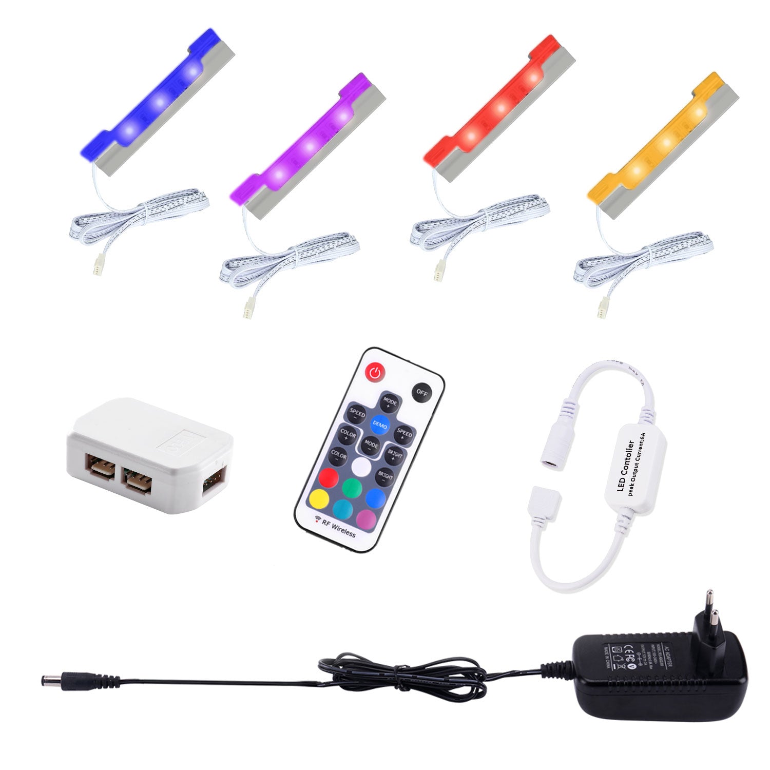 AIBOO LED-Nachtlicht-Set für unter den Schrank, zur Beleuchtung der Rückseite von Glaskantenregalen mit flexiblem Kabel und Clip, mit RF-Fernbedienung, 4 RGB-Lichter