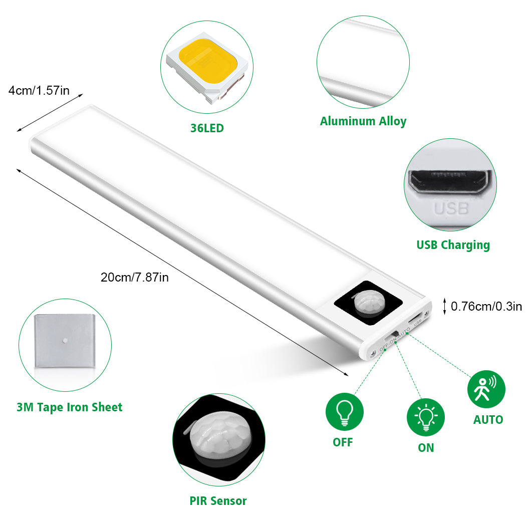 Lumières à détecteur de mouvement à LED, lumière USB sans fil rechargeable 72 LED sous les placards de cuisine avec aimant pour les lumières des placards d'escalier de garde-robe