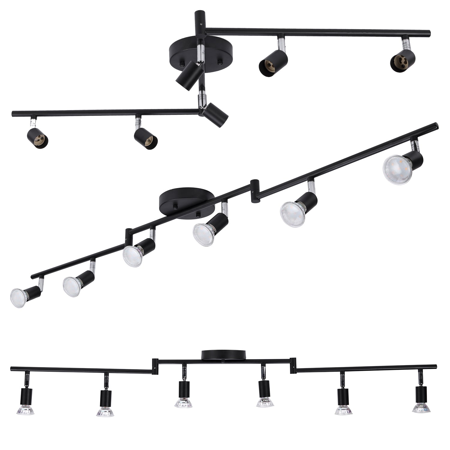 Luminaire sur rail à 6 têtes LED, sans ampoules (base GU10, noir mat) 