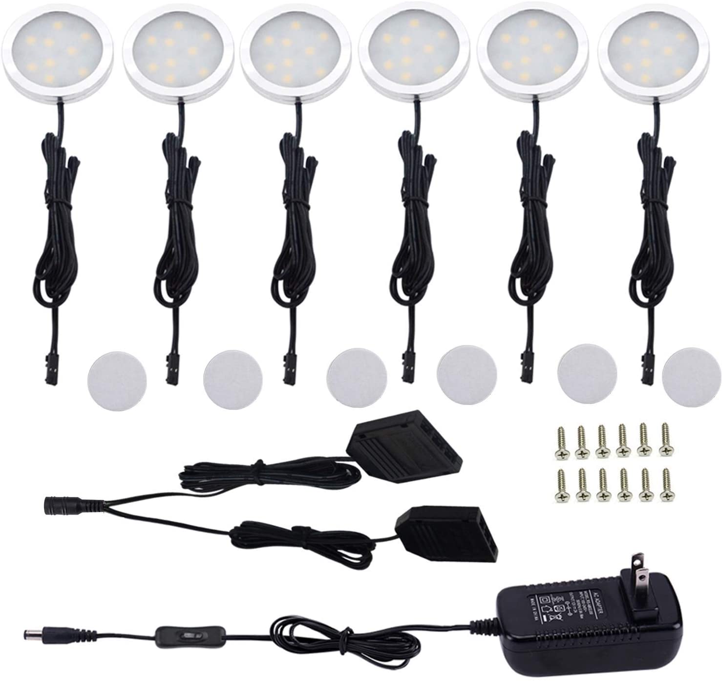 AIBOO LED Cabinet Lighting Kit for Kitchen Counter Closet 6 Packs Slim Aluminum Puck Lights with Switch 12Vdc 12W All Accessories Included (12W,Warmwhite /Coldwhite)