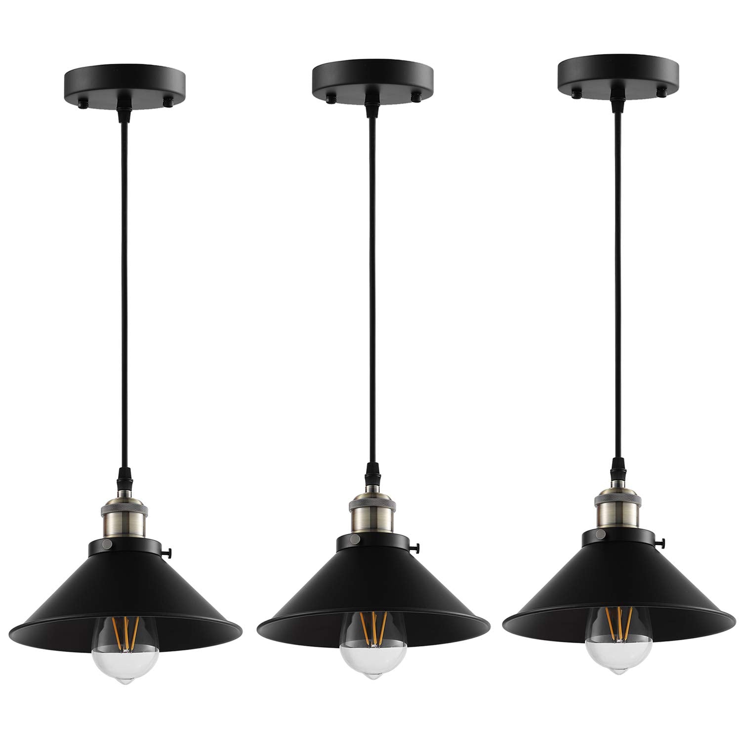 Luminaire suspendu industriel, lampe suspendue vintage à base E26, finition bronze et noire, luminaire rétro, lot de 3 (ampoules non incluses)