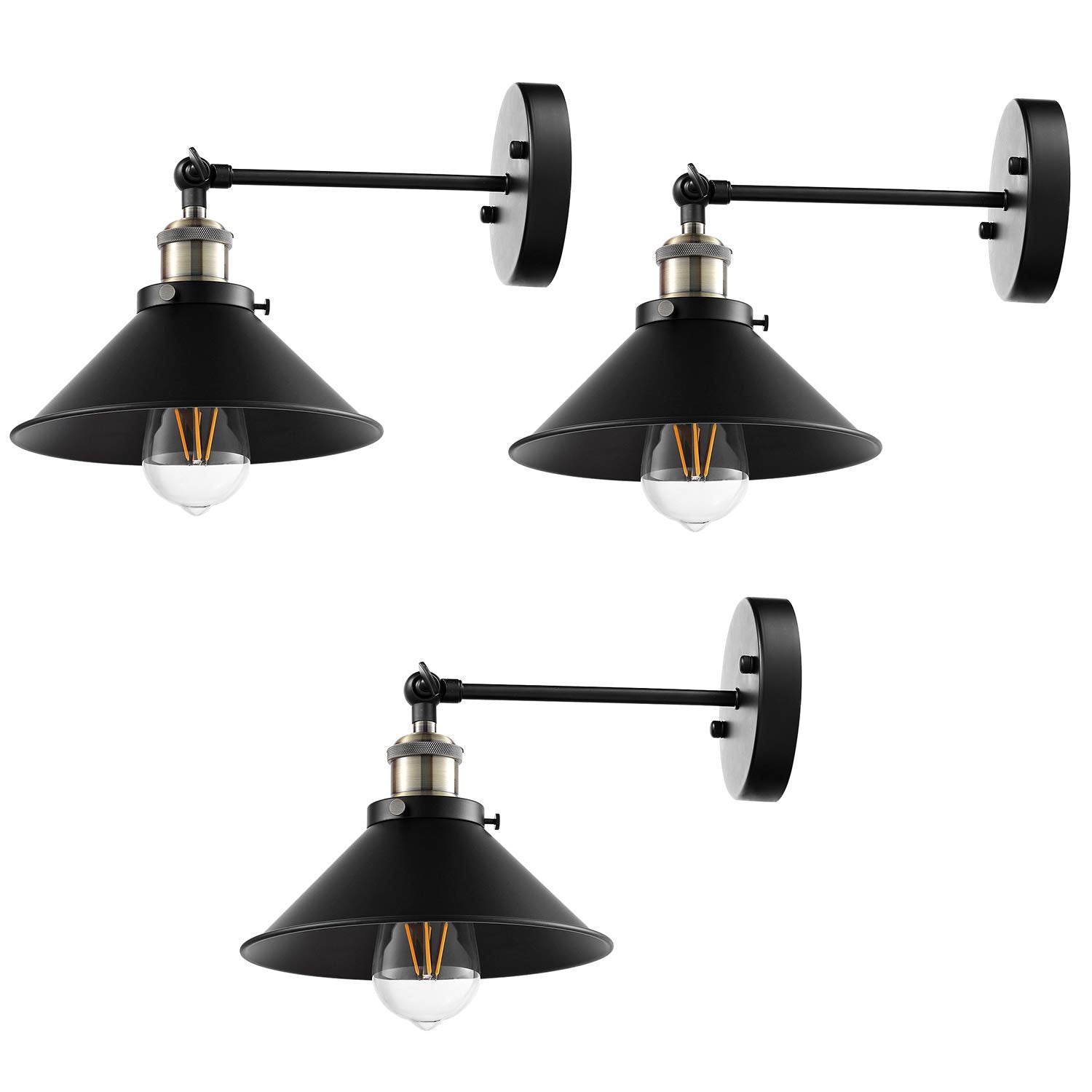 AIBOO Appliques murales Lampe murale industrielle vintage câblée, Simplicity Bronze et finition noire Bras pivotant Applique murale Lot de 3 (ampoules non incluses)