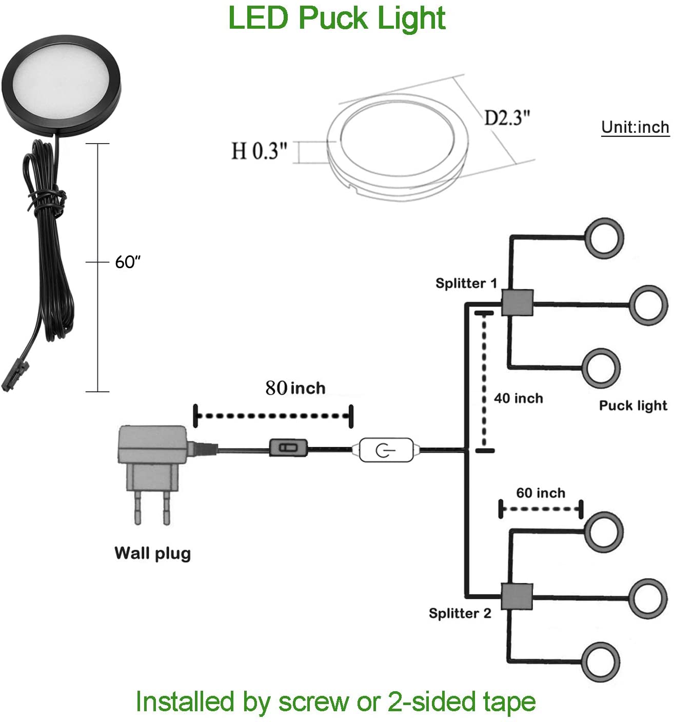 AIBOO Under Cabinet LED Black Cover Puck Lighting Kit with Touch Dimmer Switch for Kitchen Cupboard Closet Lighting (6 Lights,Warm White2700K ,Daywhite 6000K )