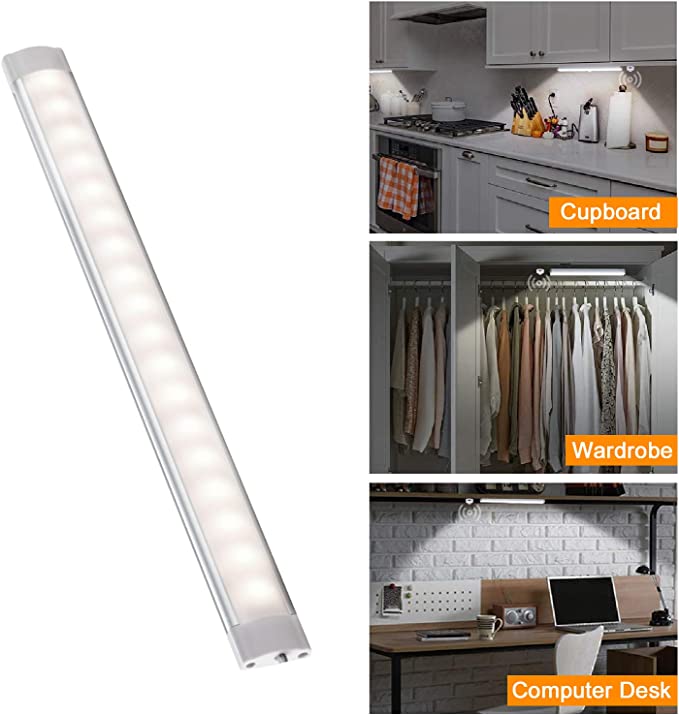 AIBOO Barre d'éclairage LED sous armoire, détecteur de mouvement, barre lumineuse pour cuisine, armoire, chevet, veilleuse de 11,2 pouces avec minuterie d'arrêt automatique, port USB (lot de 2, blanc naturel)