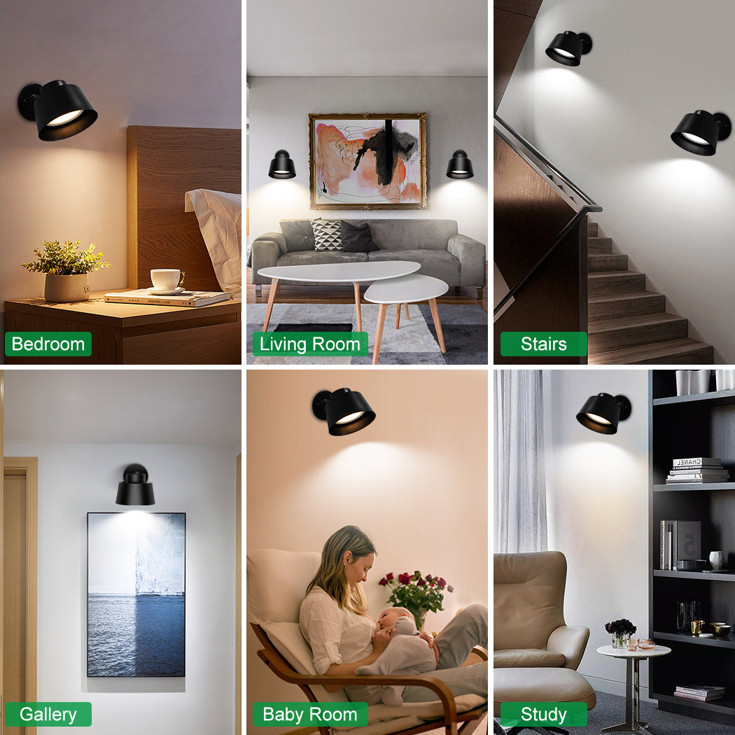 AIBOO Appliques murales LED avec télécommande, chargement USB, lampes murales à piles, 3 températures de couleur réglables, rotatives à 360 °, lampes murales à batterie à intensité variable pour chambres, escaliers, galerie (1 pièce)