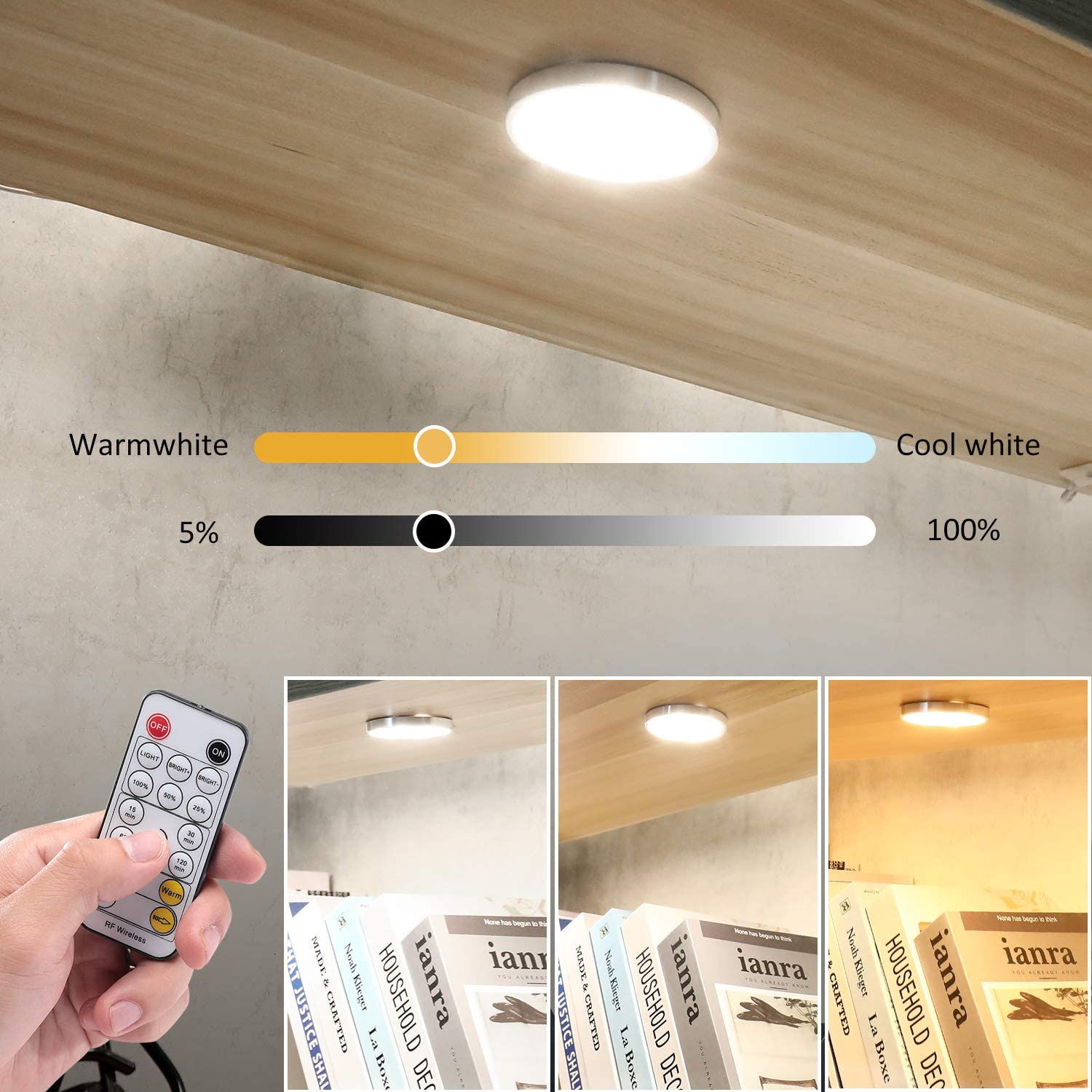 AIBOO Lot de 6 lampes LED sous armoire CCT - Température de couleur réglable - Blanc chaud + blanc - Double couleur - Avec télécommande RF à intensité variable - Pour éclairage d'ambiance de placard de cuisine - Éclairage de vacances (6 lumières, 18 W) 