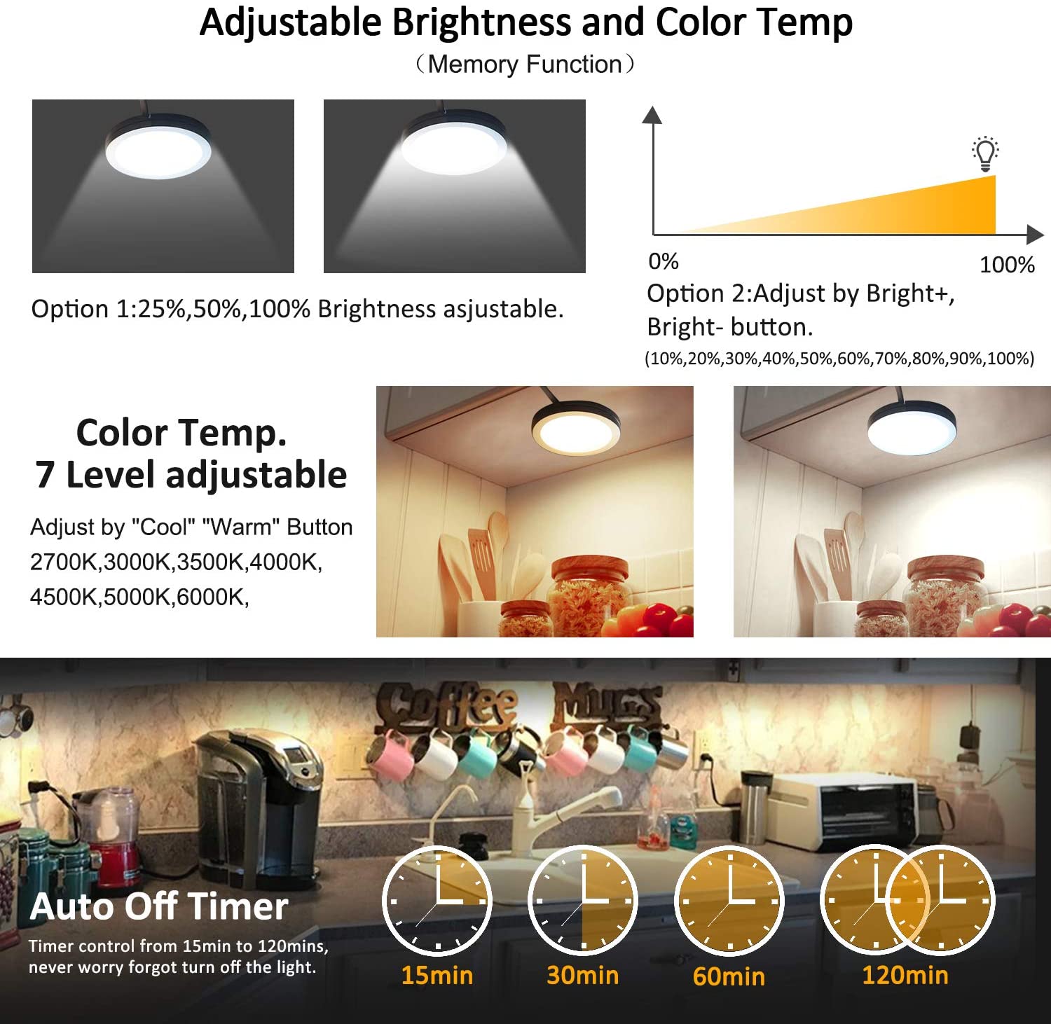 AIBOO LED-Puck-Leuchten für unter den Schrank, CCT-Licht, Farbtemperatur einstellbar, Warmweiß, Doppelfarbe, mit dimmbarer RF-Fernbedienung für stimmungsvolle Festtagsbeleuchtung in Küche, Schrank (6 Lichter, 18 W) 