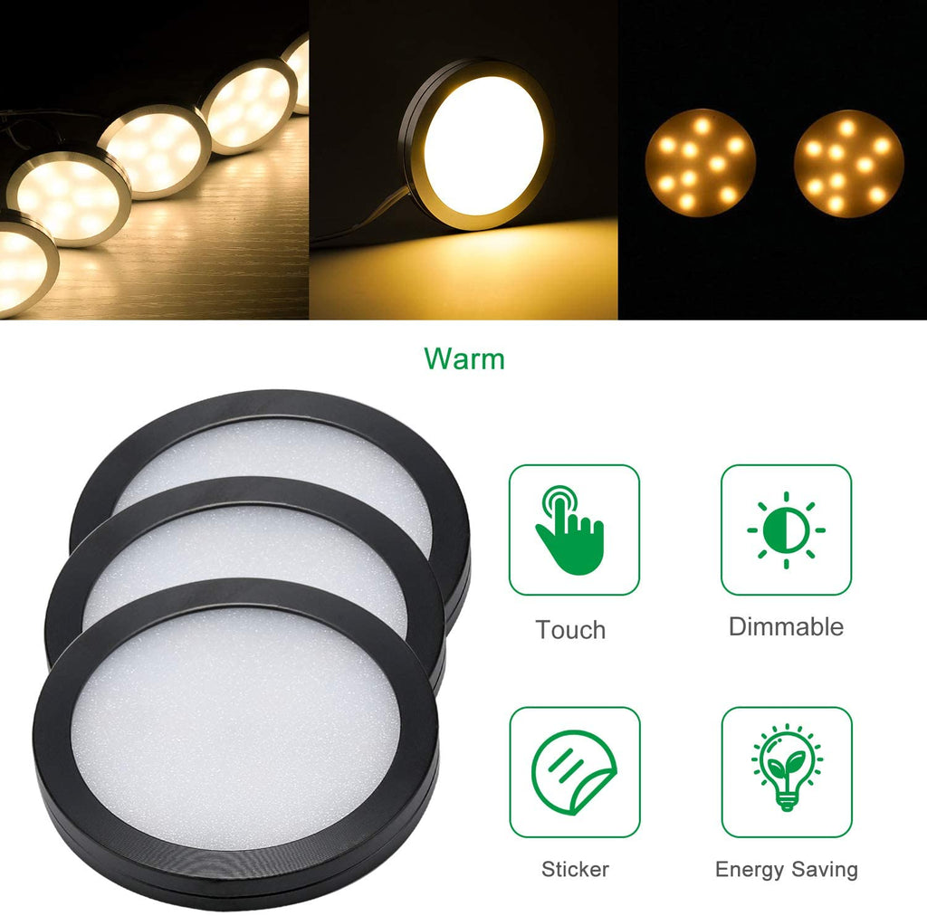 AIBOO Under Cabinet LED Black Cover Puck Lighting Kit with Touch Dimmer Switch for Kitchen Cupboard Closet Lighting (6 Lights,Warm White2700K ,Daywhite 6000K )