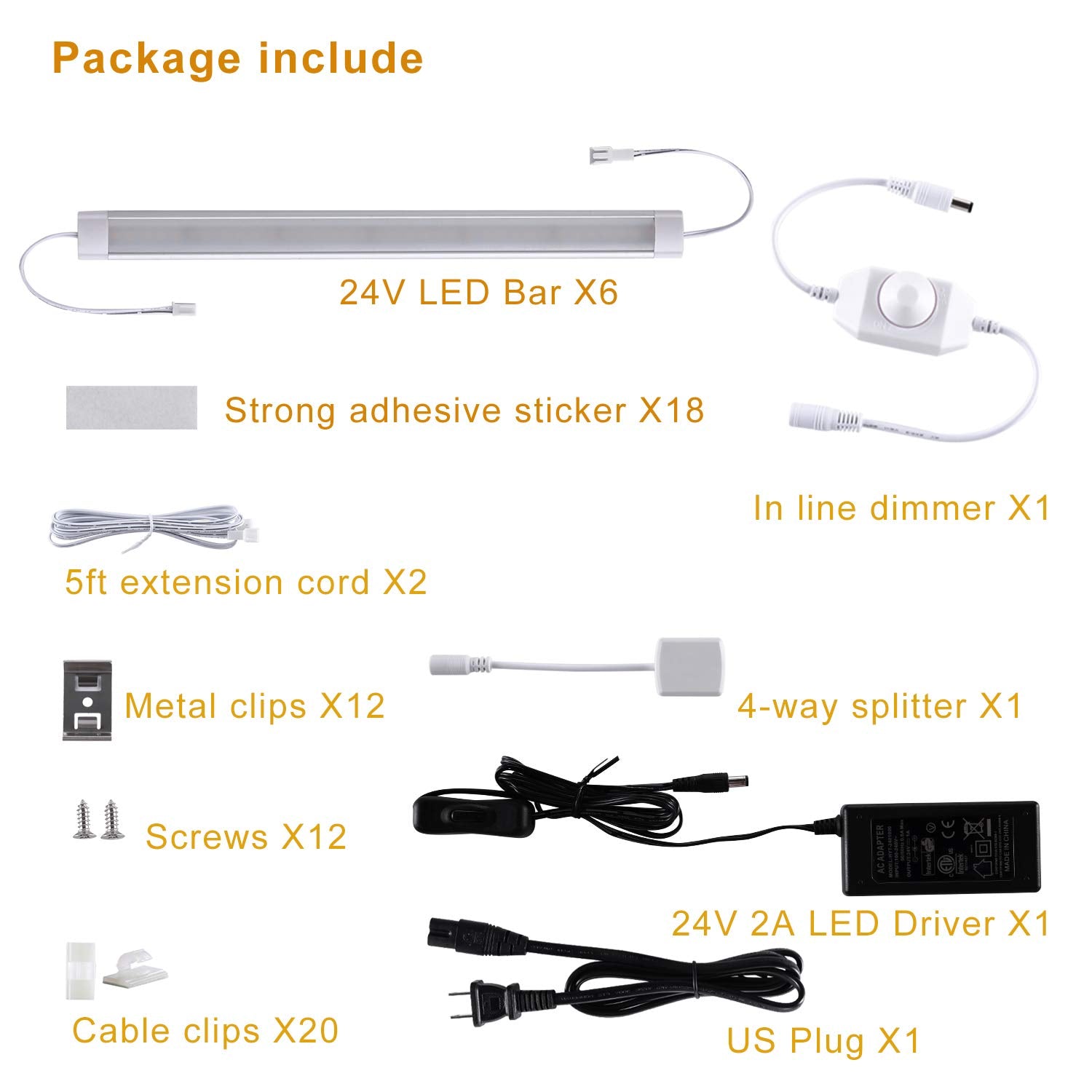 11” 24V Linkable LED Kitchen Cabinet Light with Dimmer and Adapter(2700K/6000K, 6 Lights)