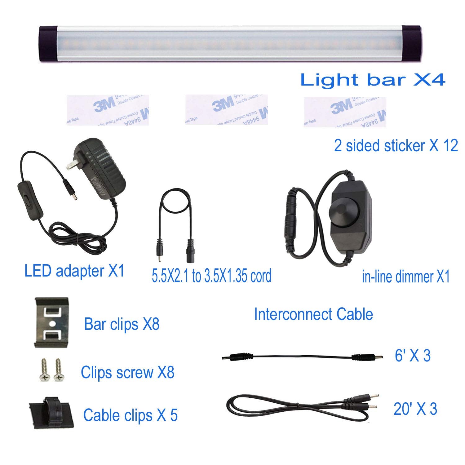 12V Linkable LED Under Cabinet Light Bar with Dimmer & Adapter(2700K/6000K, 4 Lights)