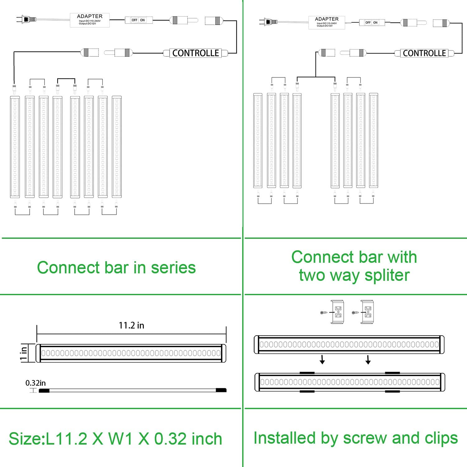 12V Linkable LED Under Cabinet Light Bar with Dimmer & Adapter(2700K/6000K, 8 Lights)