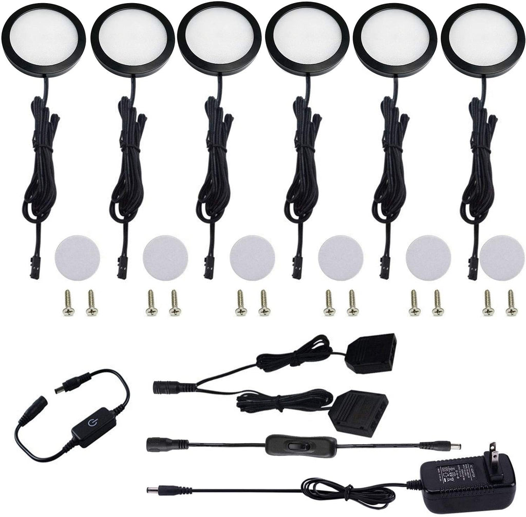 AIBOO Under Cabinet LED Black Cover Puck Lighting Kit with Touch Dimmer Switch for Kitchen Cupboard Closet Lighting (6 Lights,Warm White2700K ,Daywhite 6000K )