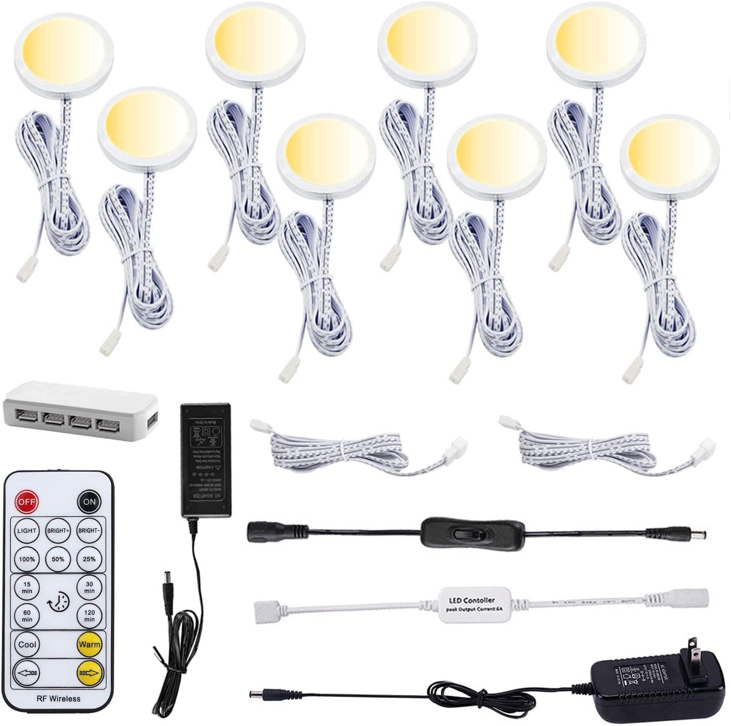 AIBOO LED Sous Armoire Puck Lights CCT Température de Couleur de la Lumière Réglable Chaud + Blanc Double Couleur avec Télécommande RF Dimmable pour Éclairage d'Ambiance d'Étagère de Cuisine (8 Lumières, 24W) 