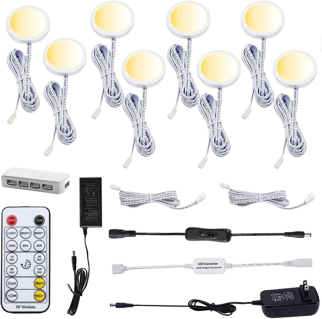 AIBOO LED Under Cabinet Puck Lights CCT Light Color Temperature Adjustable Warm+White Double Color with Dimmable RF Remote Controller for Kitchen Shelf Ambiance Display Lighting (8 Lights, 24W)