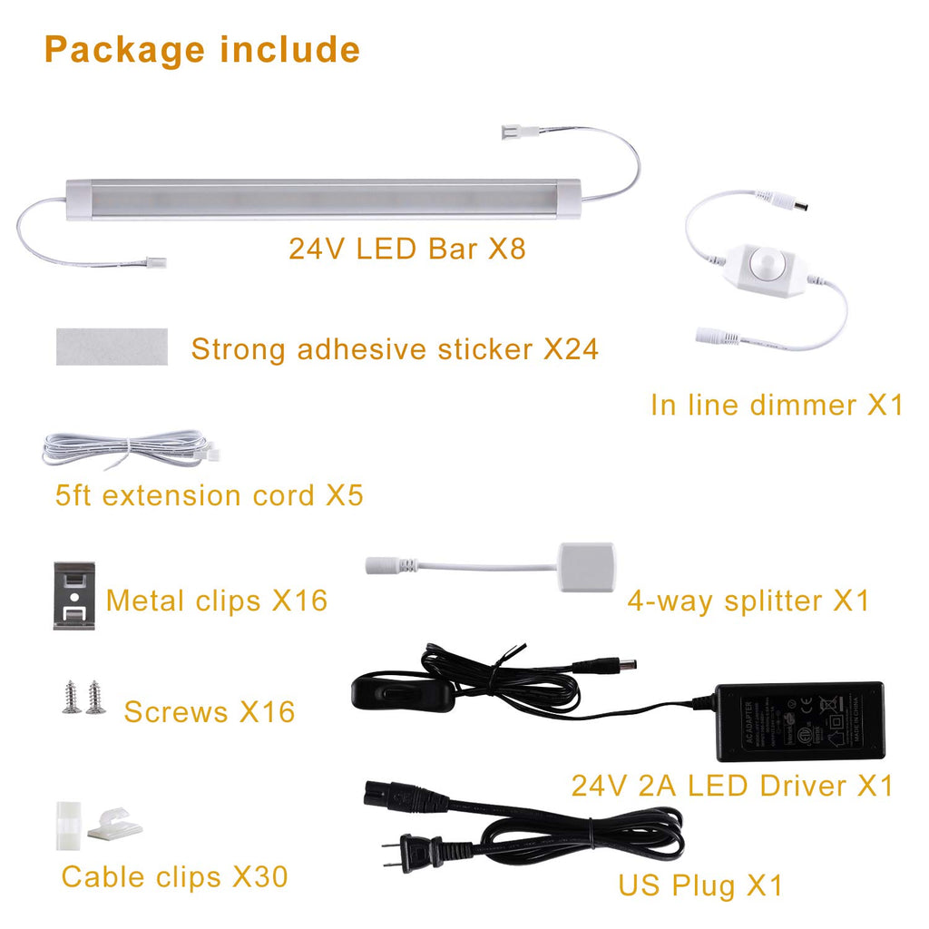 11” 24V Linkable LED Kitchen Cabinet Light with Dimmer and Adapter(2700K/6000K, 8 Lights)