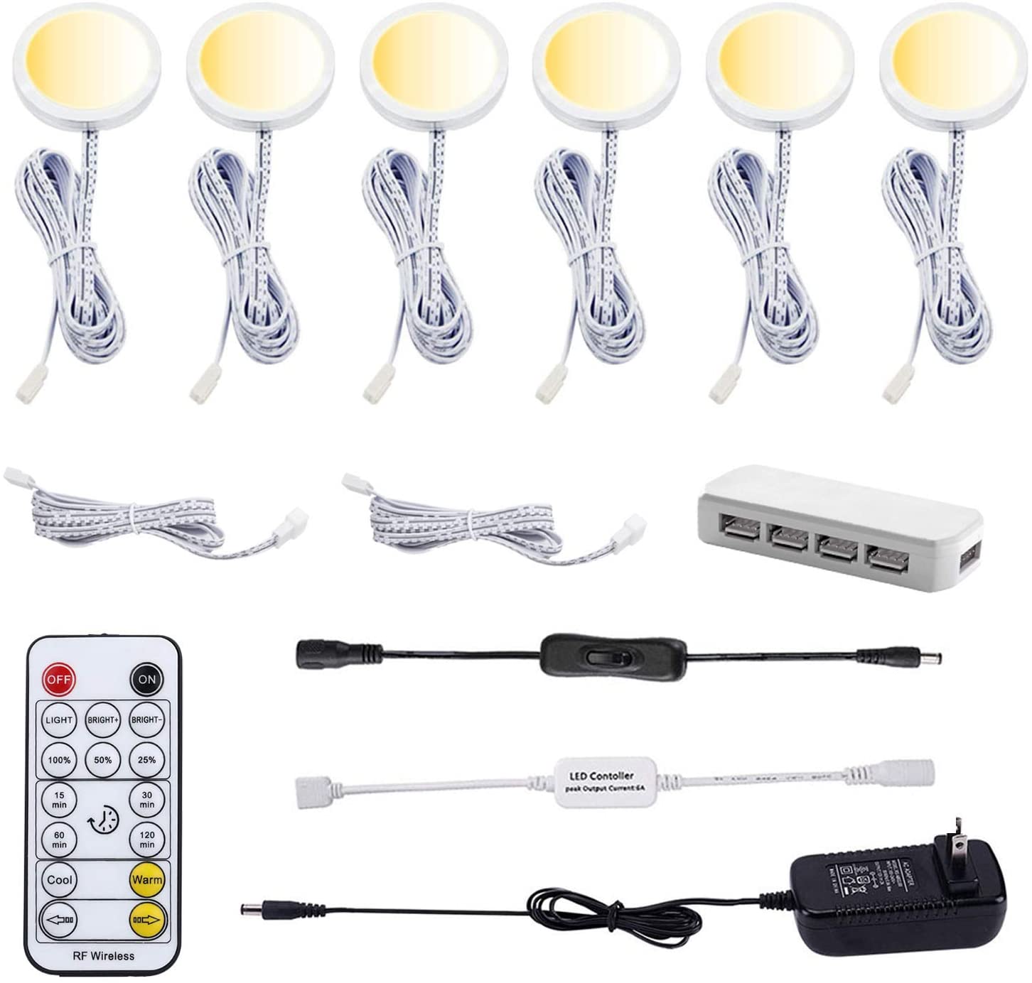 AIBOO Lot de 6 lampes LED sous armoire CCT - Température de couleur réglable - Blanc chaud + blanc - Double couleur - Avec télécommande RF à intensité variable - Pour éclairage d'ambiance de placard de cuisine - Éclairage de vacances (6 lumières, 18 W) 