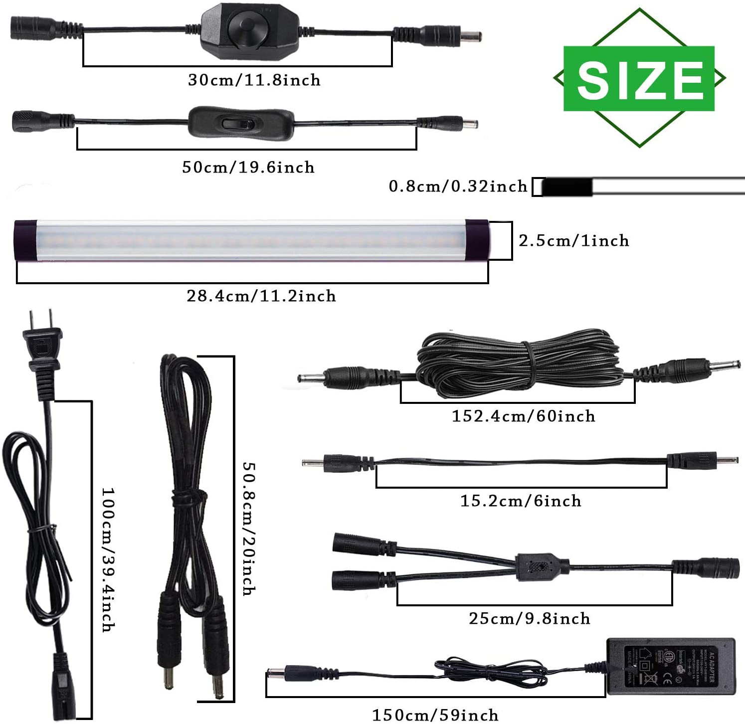 12V Linkable LED Under Cabinet Light Bar with Dimmer & Adapter(2700K/6000K, 8 Lights)