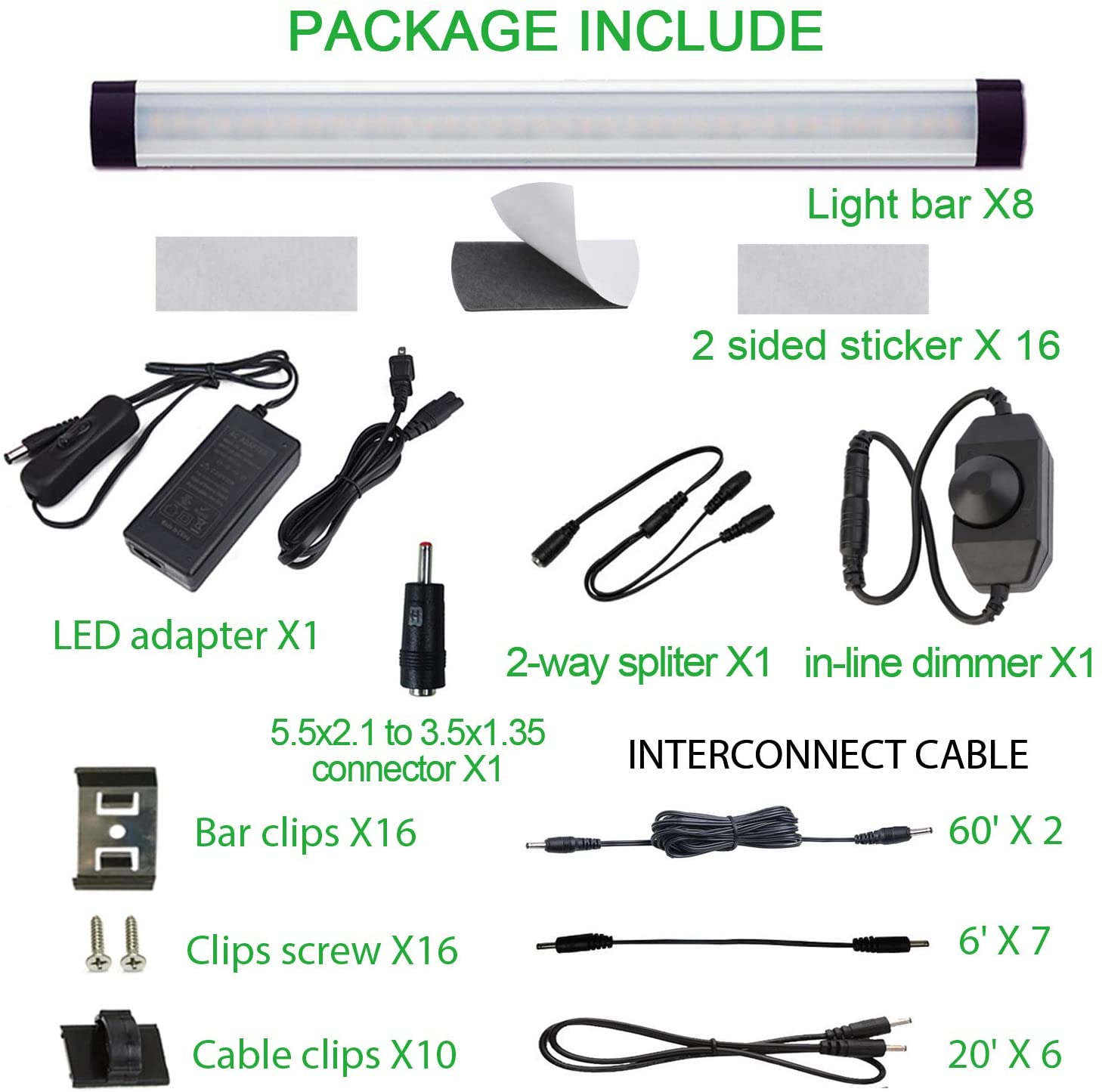 12V Linkable LED Under Cabinet Light Bar with Dimmer & Adapter(2700K/6000K, 8 Lights)