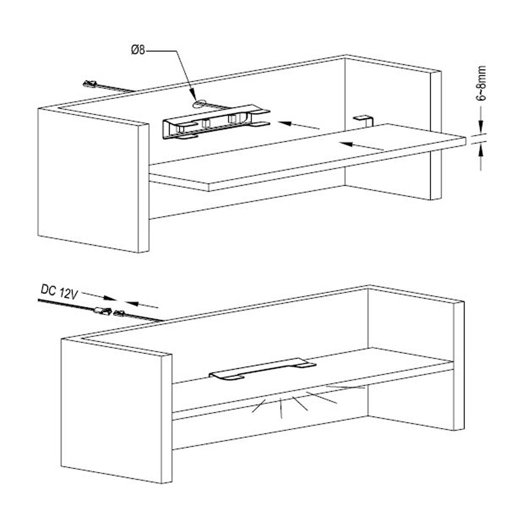 AIBOO Éclairage LED sous armoire pour étagère à bord en verre, bande de serrage arrière, 8 lampes avec télécommande RF et adaptateur