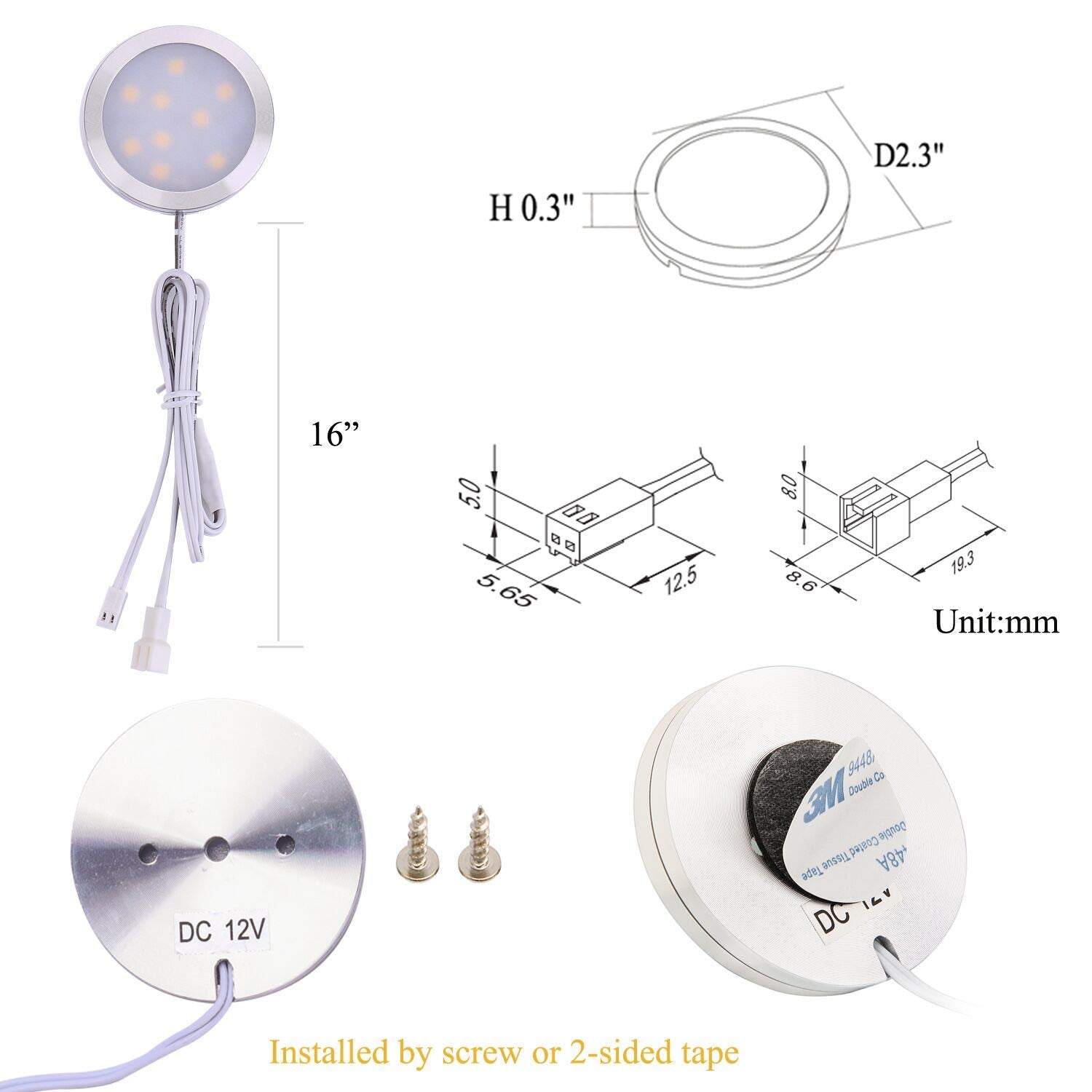 AIBOO Verknüpfbare LED-Unterschrankbeleuchtung, 12 V, dimmbare Puck-Leuchten mit kabelloser HF-Fernbedienung, Wandstecker für 10 Leuchten