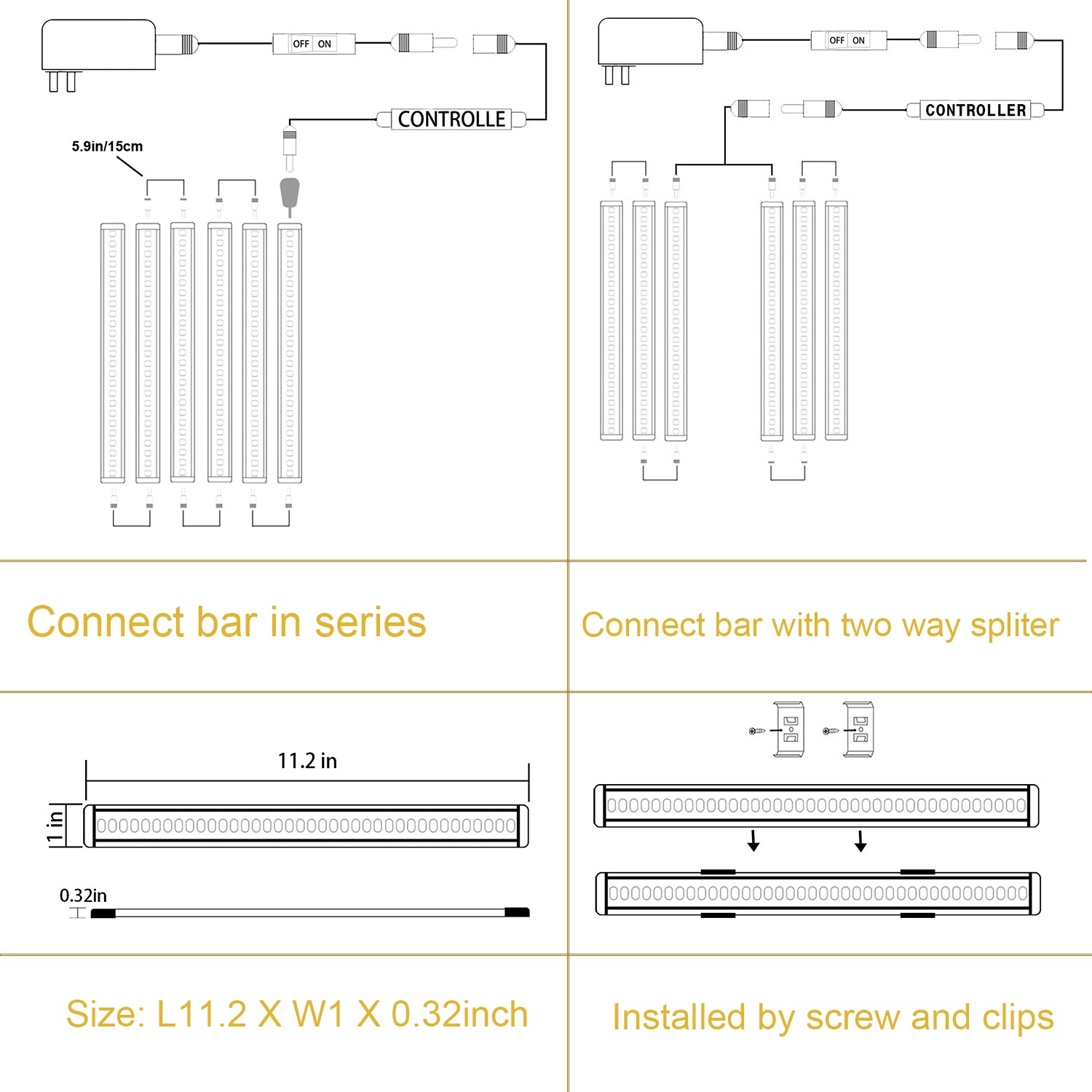 Barre lumineuse LED 12 V connectable sous armoire avec variateur et adaptateur (2700 K/6000 K, 6 lumières)