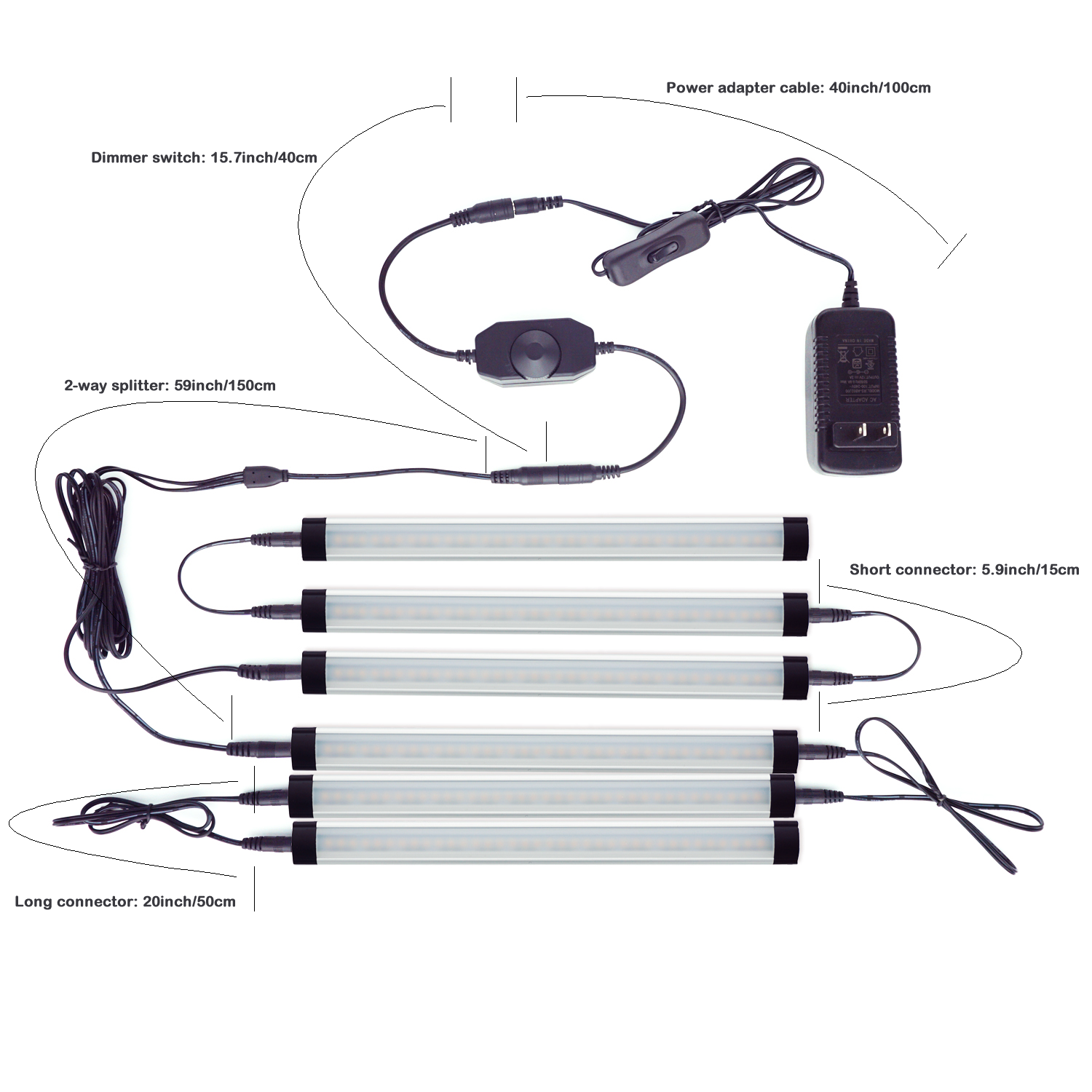 Barre lumineuse LED 12 V connectable sous armoire avec variateur et adaptateur (2700 K/6000 K, 6 lumières)