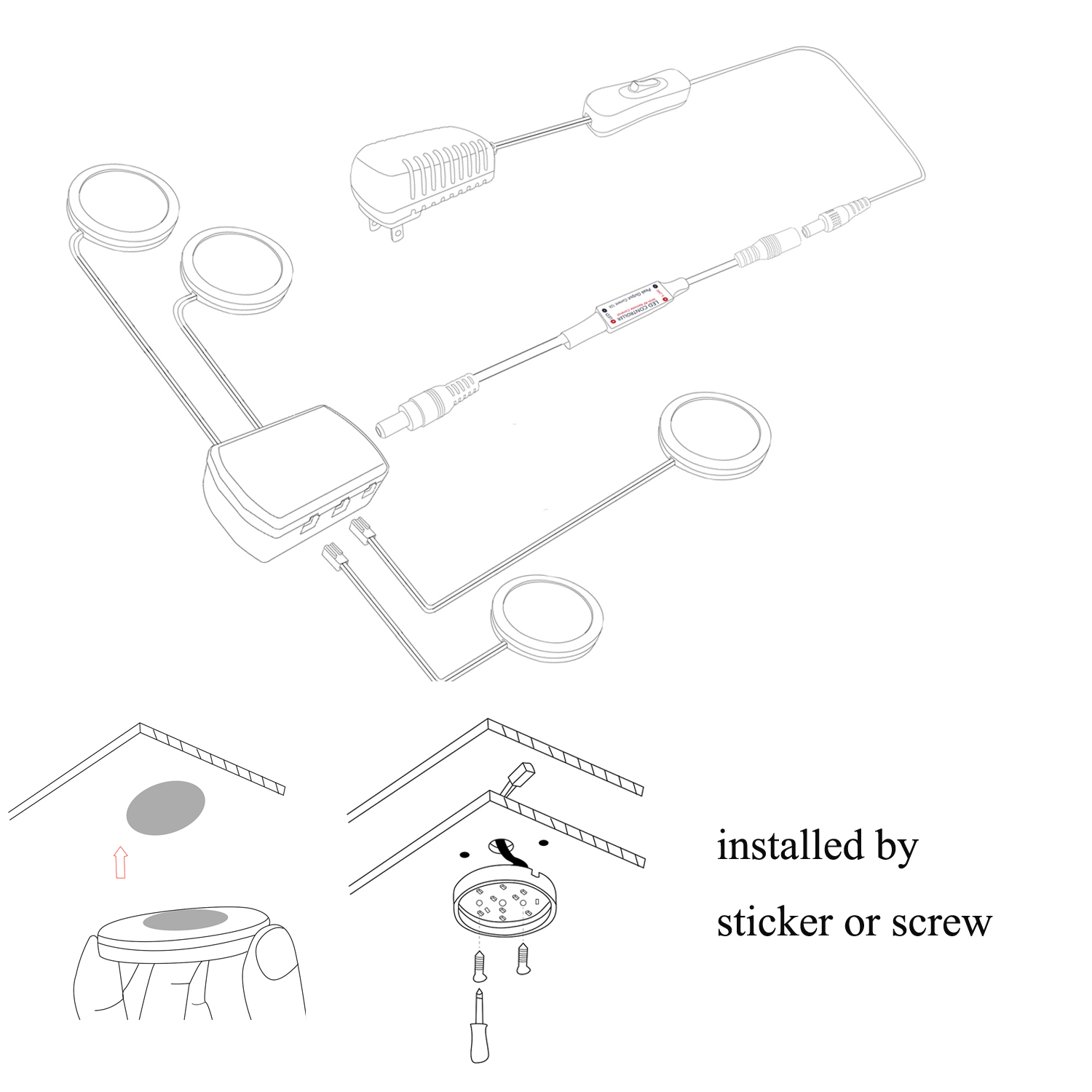 AIBOO LED-Unterschrankbeleuchtung, 4 Stück, LED-Pucklichter mit kabelloser RF-Fernbedienung, dimmbar für unter der Theke, Regalmöbelbeleuchtung (weißes Kabel)