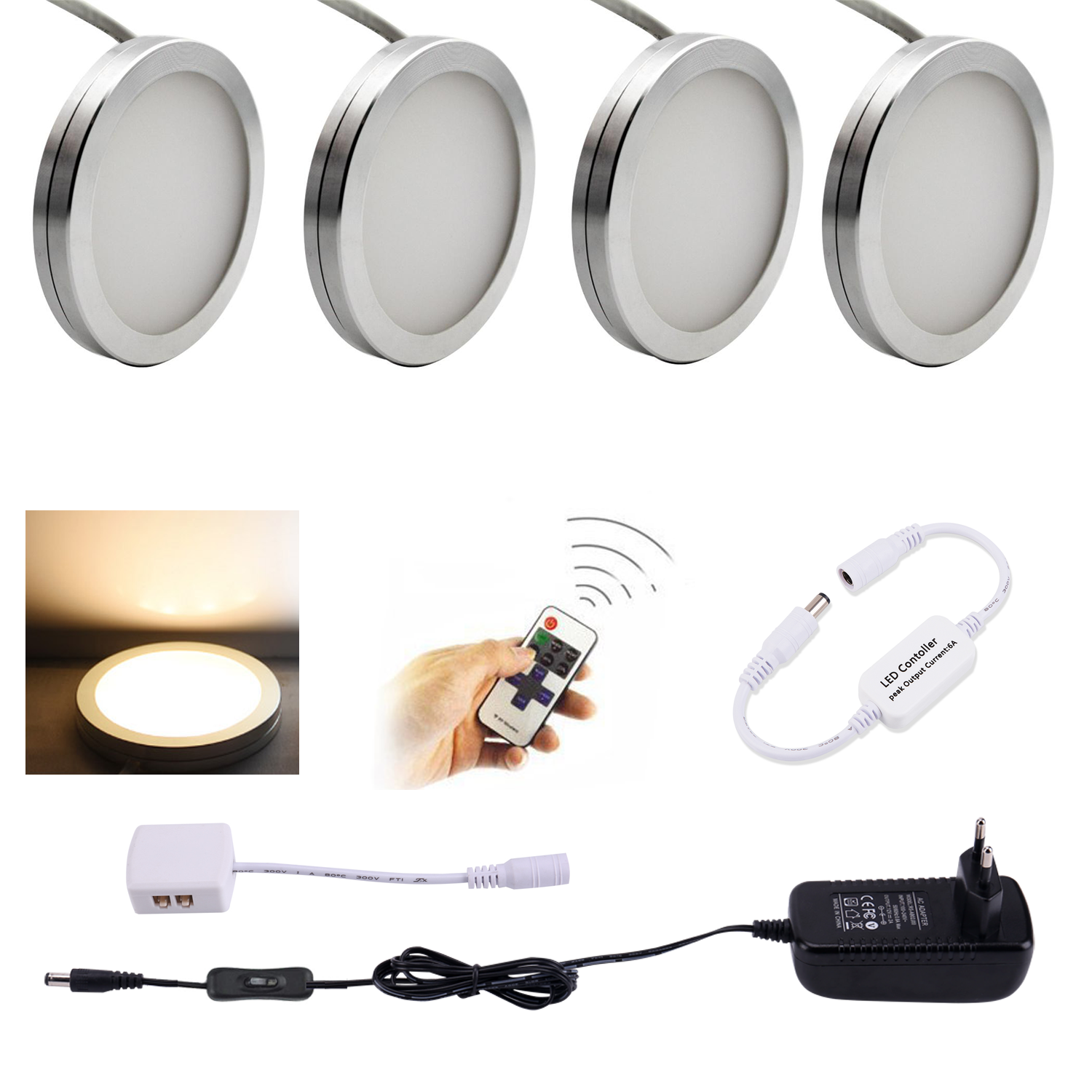 AIBOO LED-Unterschrankbeleuchtung, 4 Stück, LED-Pucklichter mit kabelloser RF-Fernbedienung, dimmbar für unter der Theke, Regalmöbelbeleuchtung (weißes Kabel)