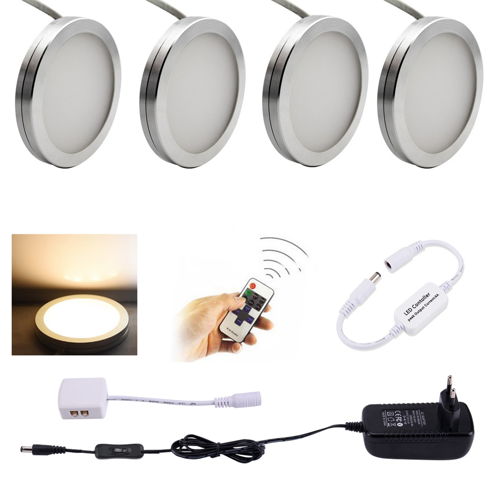 AIBOO LED Under Cabinet Lighting 4PCS LED Puck Llights with Wireless RF Remote Dimmable for Under Counter,Shelf Furniture Lights (White Wire)