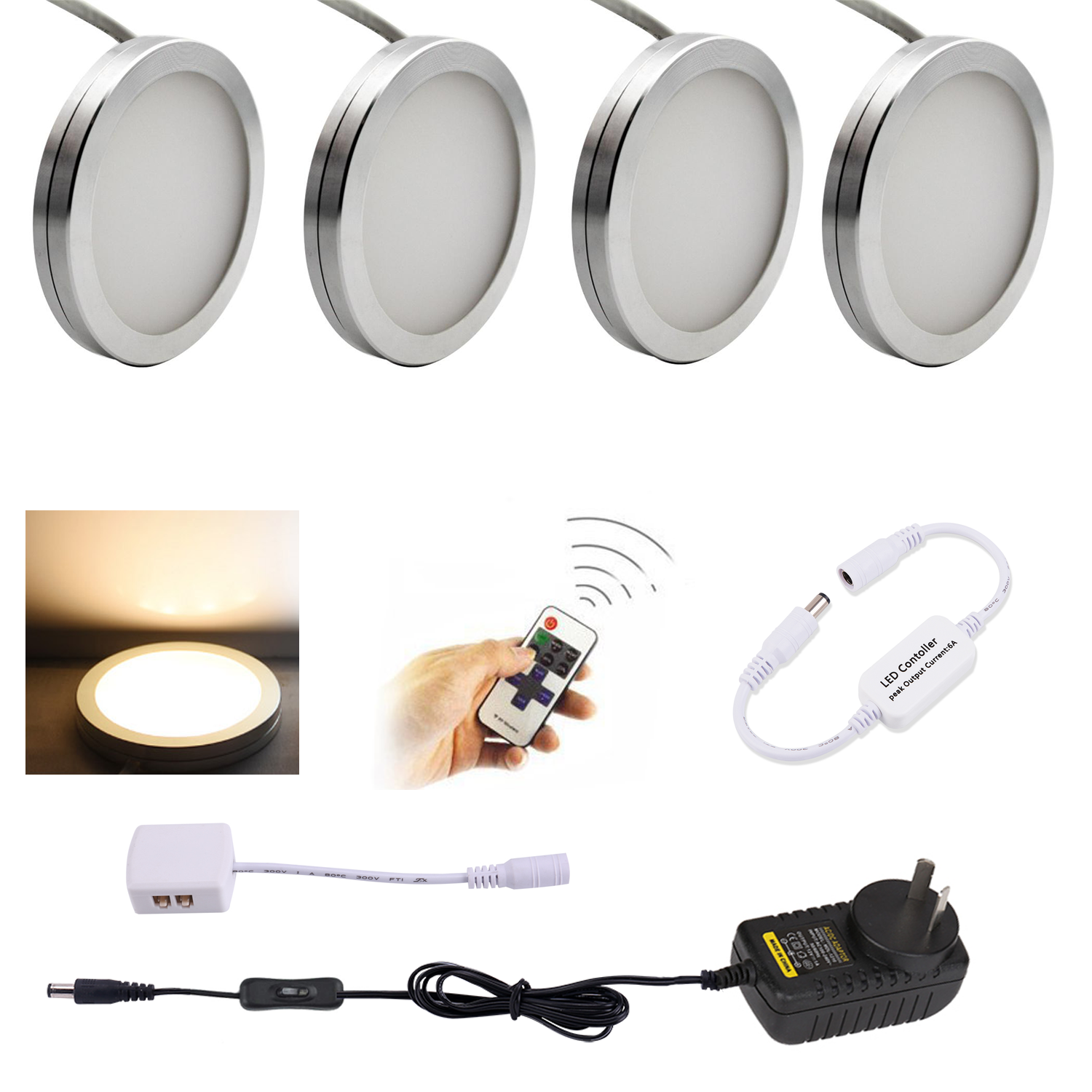 AIBOO LED-Unterschrankbeleuchtung, 4 Stück, LED-Pucklichter mit kabelloser RF-Fernbedienung, dimmbar für unter der Theke, Regalmöbelbeleuchtung (weißes Kabel)