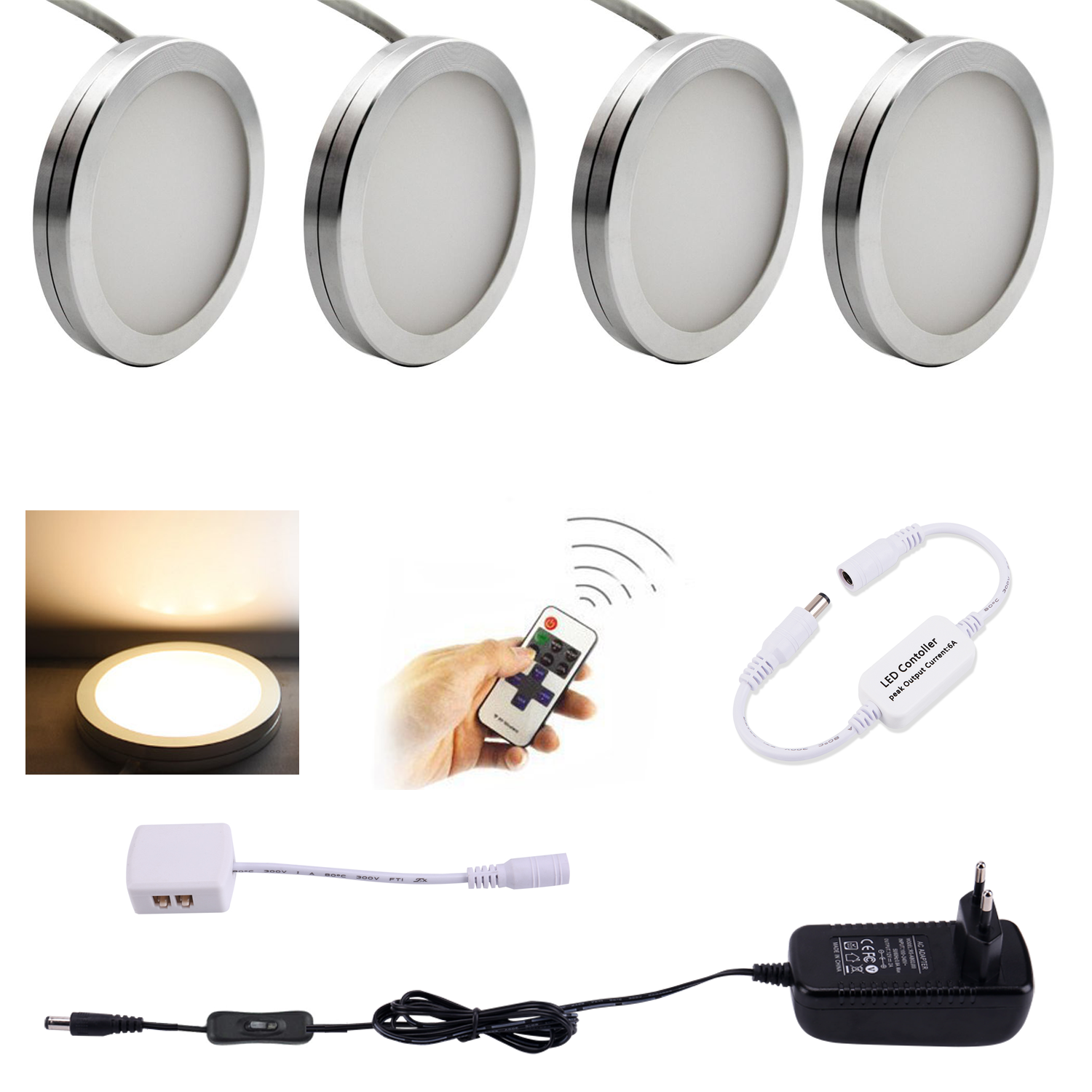 AIBOO LED-Unterschrankbeleuchtung, 4 Stück, LED-Pucklichter mit kabelloser RF-Fernbedienung, dimmbar für unter der Theke, Regalmöbelbeleuchtung (weißes Kabel)