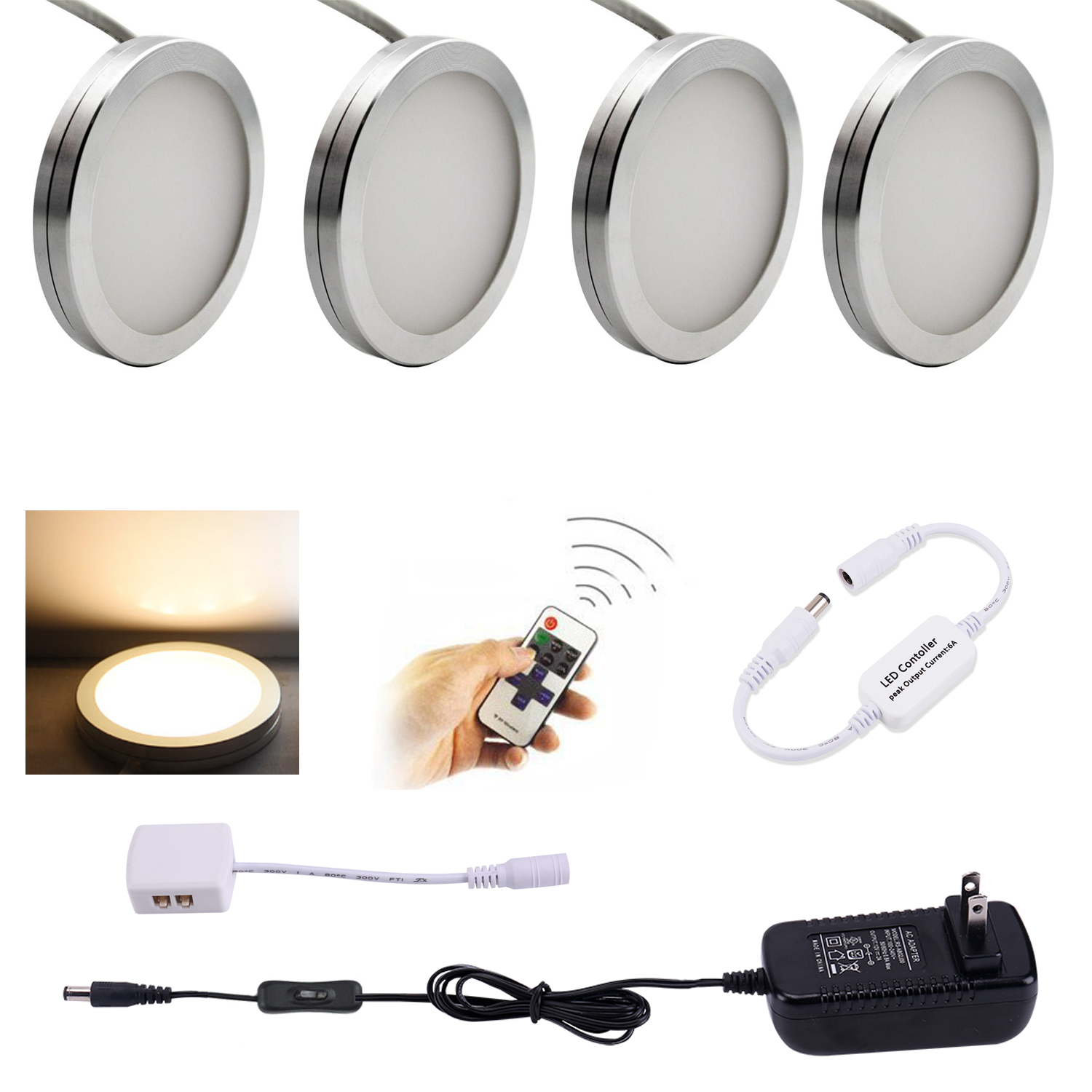 AIBOO LED-Unterschrankbeleuchtung, 4 Stück, LED-Pucklichter mit kabelloser RF-Fernbedienung, dimmbar für unter der Theke, Regalmöbelbeleuchtung (weißes Kabel)