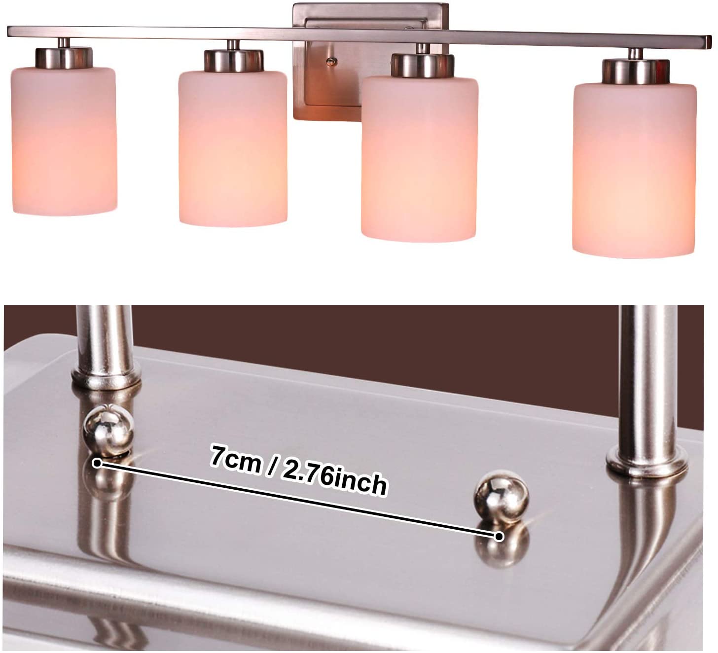 Luminaire de salle de bain au-dessus du miroir, lampes de salle de bain à 4 ampoules, applique murale intérieure E26, lampes de salle de bain avec finition en nickel brossé et abat-jour en verre givré blanc (4 ampoules non incluses)