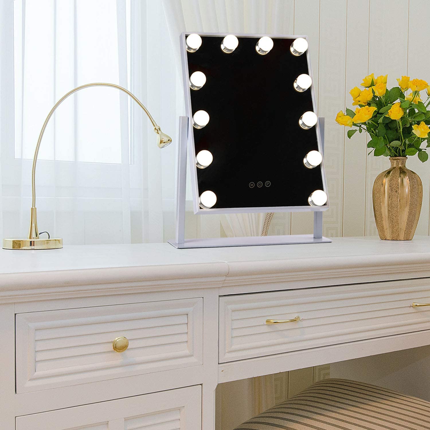 Hollywood Style Vanity Mirror with Embedded Lights, 360 Degree Rotary Cosmetic Mirror with 12 Dimmable LED Bulbs, 3 Touch Button and 3 Lighting Color Dressing Table Mirror for Makeup (White Frame)