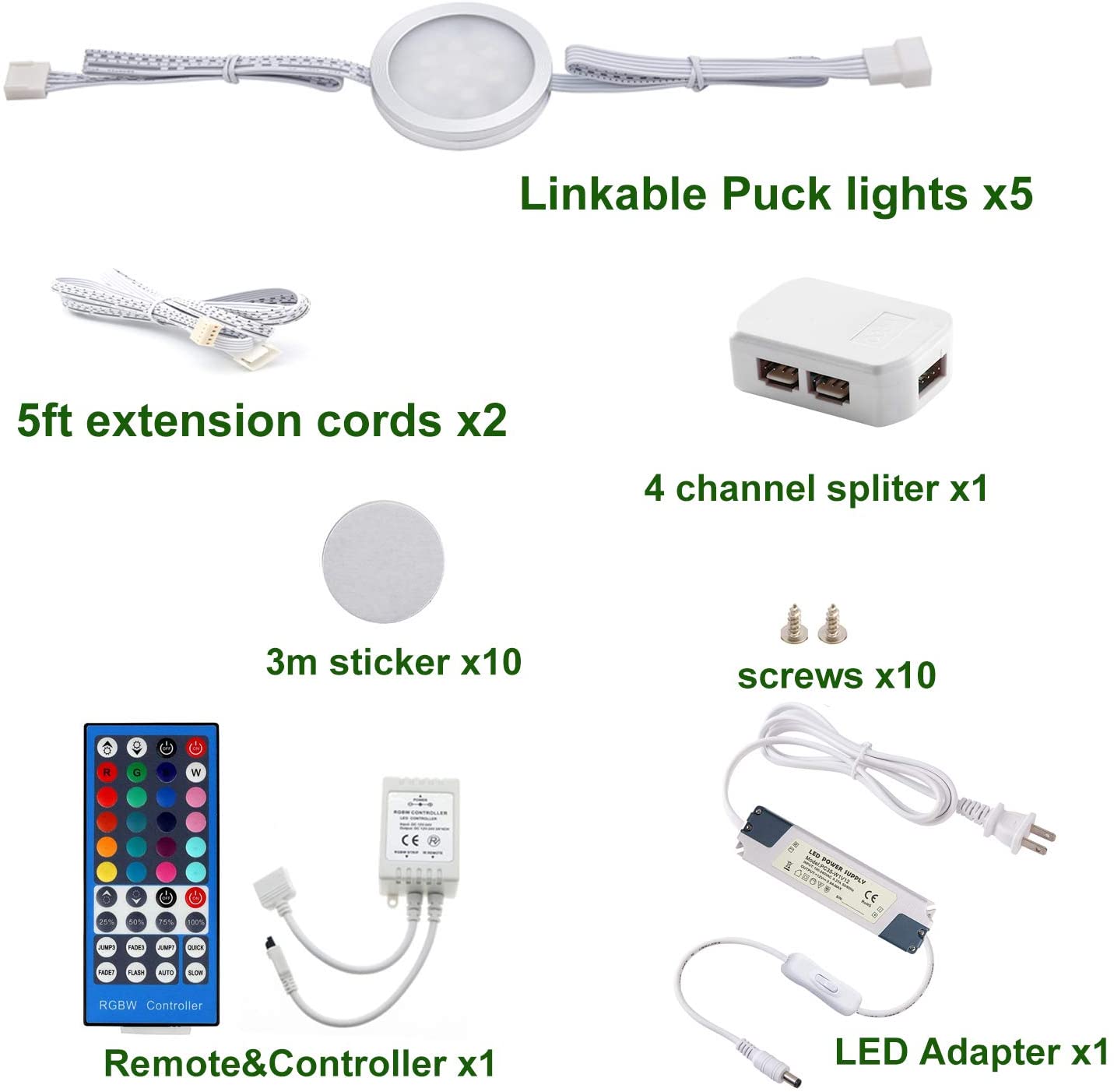 AIBOO 24V Round Color Changing Puck Lights Kit,Multicolor Under Counter Lighting Kit Linkable for Kitchen,Cabinet,Showcase,Display,Bedroom with 40 Key Dimmable Remote,12W 5 Packs (RGB+White RGW/ RGB+Warmwhite RGBWW)