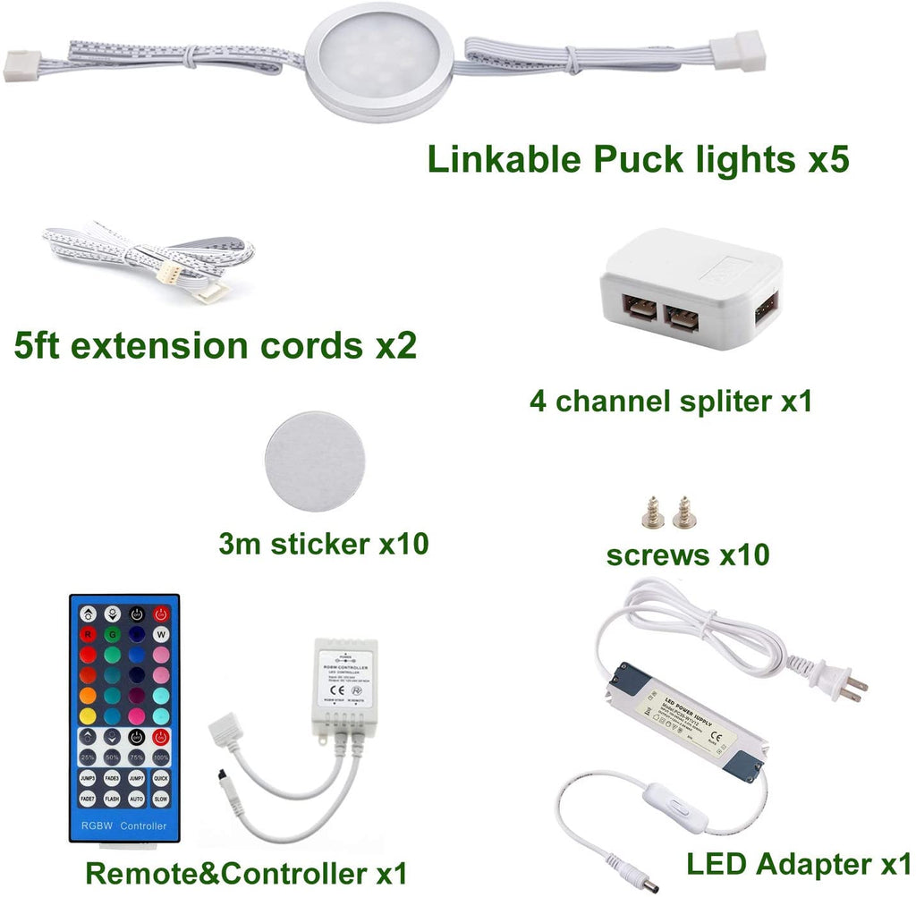 AIBOO 24V Round Color Changing Puck Lights Kit,Multicolor Under Counter Lighting Kit Linkable for Kitchen,Cabinet,Showcase,Display,Bedroom with 40 Key Dimmable Remote,12W 5 Packs (RGB+White RGW/ RGB+Warmwhite RGBWW)