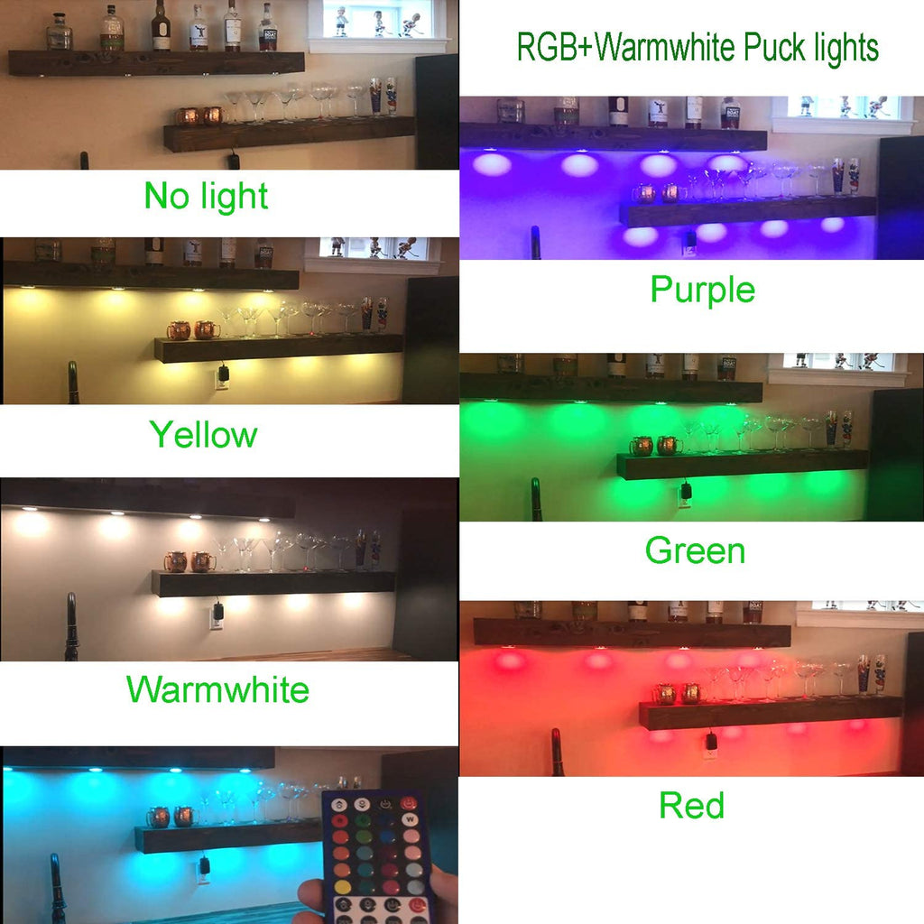AIBOO 24V Round Color Changing Puck Lights Kit,Multicolor Under Counter Lighting Kit Linkable for Kitchen,Cabinet,Showcase,Display,Bedroom with 40 Key Dimmable Remote,12W 5 Packs (RGB+White RGW/ RGB+Warmwhite RGBWW)