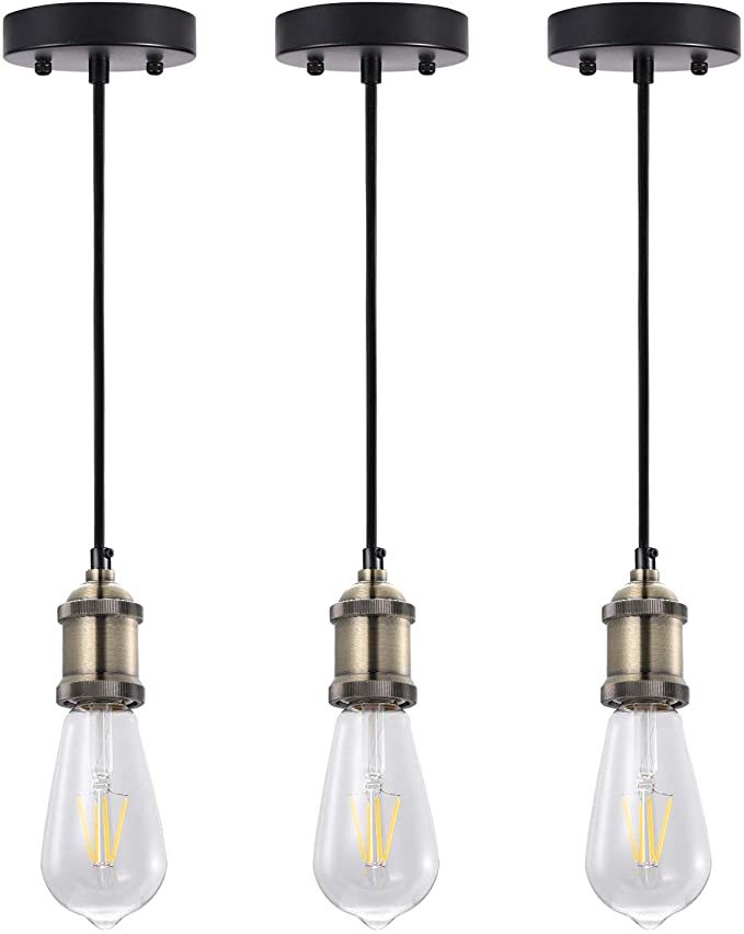 Pendant Lighting,3 Pack Mini Industrial Lampholder-, Simplicity Bronze Retro Lighting Fixture E26 Base, Vintage Adjustable Hanging- Light- Kit with Black Cord (Bulbs not Included)